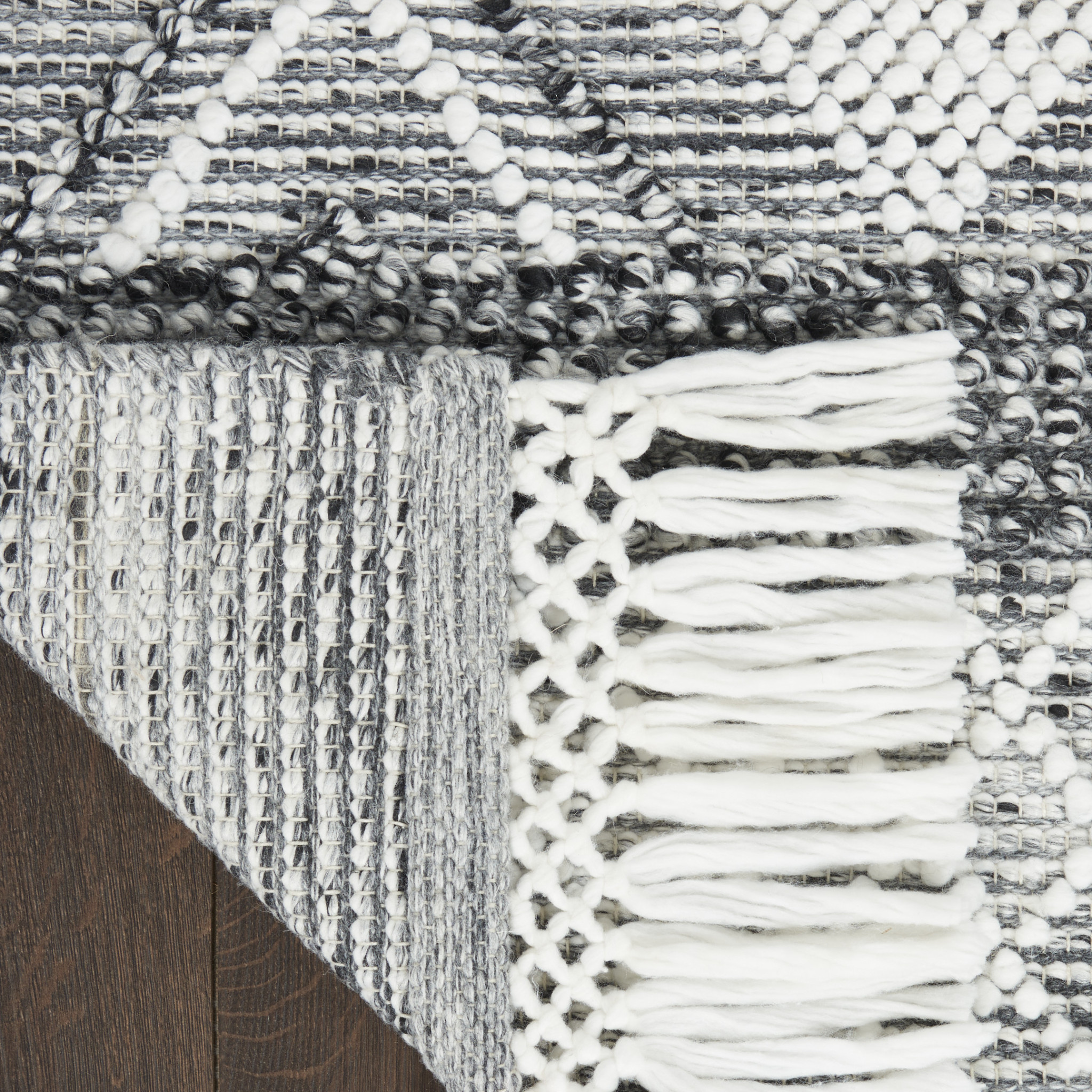 8" X 11" Gray and Ivory Geometric Hand Woven Area Rug With Fringe