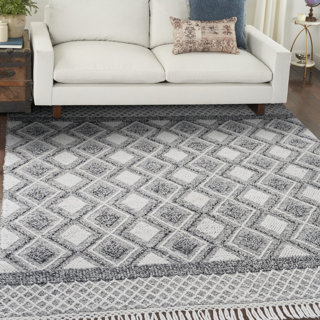 8" X 11" Gray and Ivory Geometric Hand Woven Area Rug With Fringe