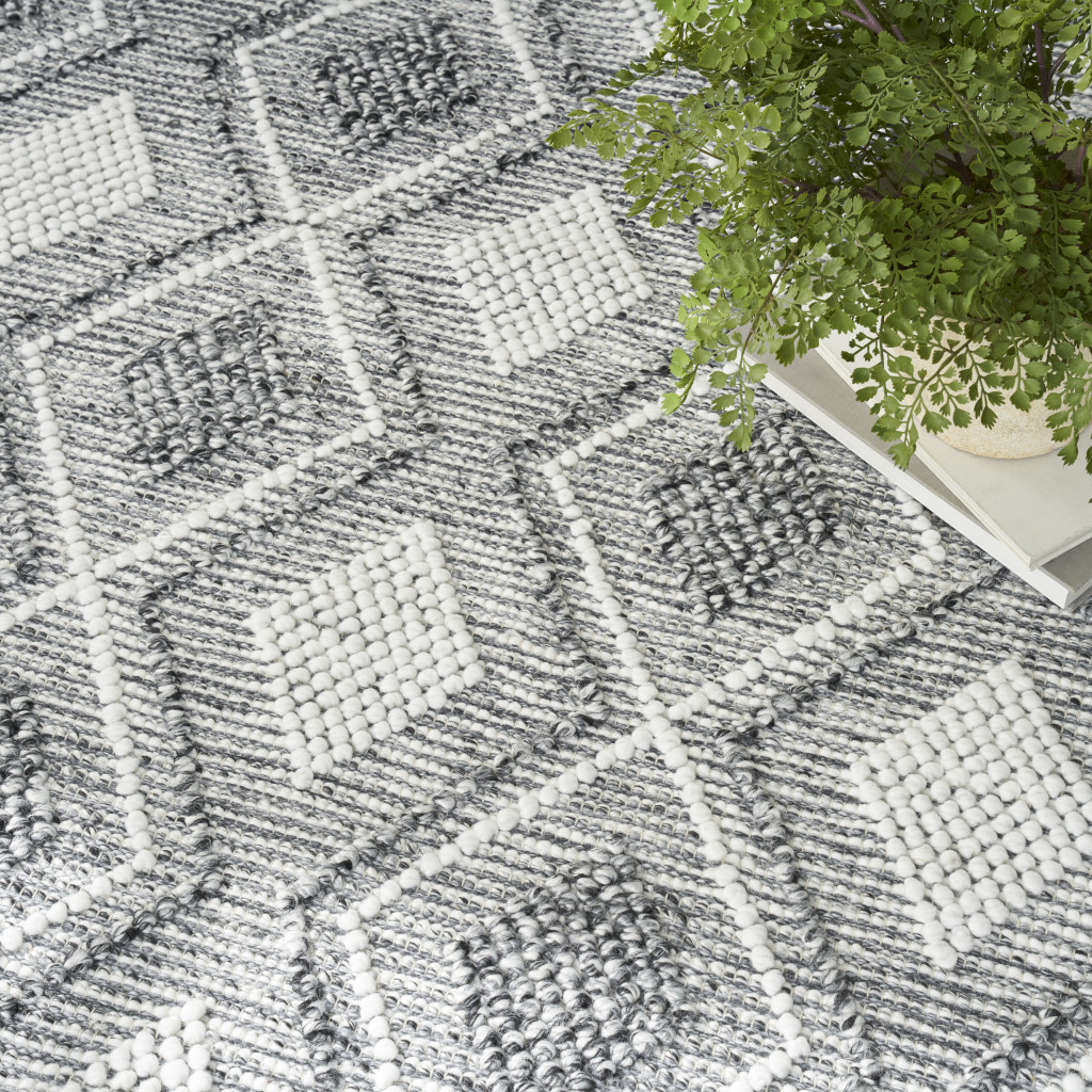 8" X 11" Gray and Ivory Geometric Hand Woven Area Rug With Fringe