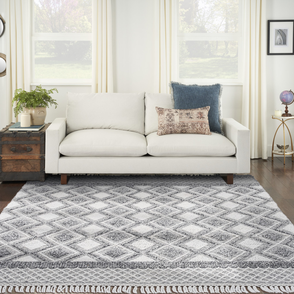 8" X 11" Gray and Ivory Geometric Hand Woven Area Rug With Fringe