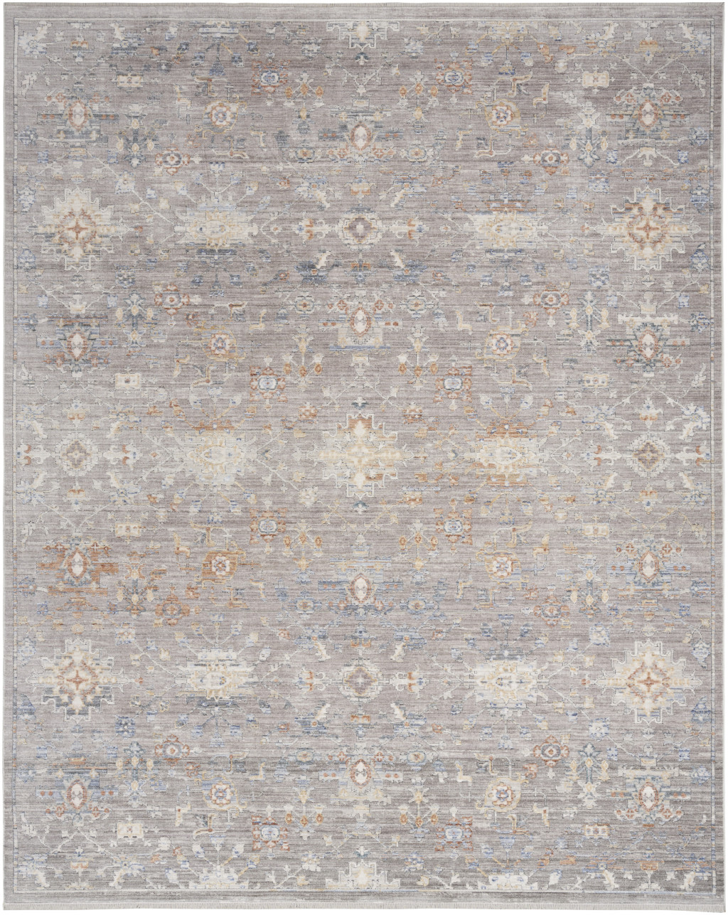 8" X 10" Ivory Blue and Gray Oriental Power Loom Distressed Area Rug With Fringe