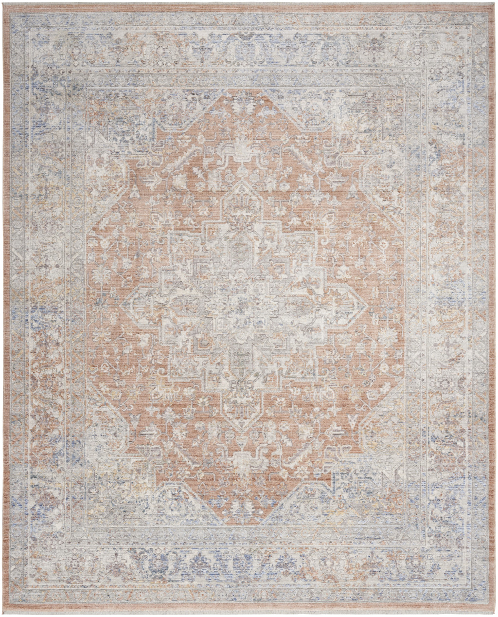 8 x 10 Brown and Blue Oriental Power Loom Distressed Area Rug With Fringe