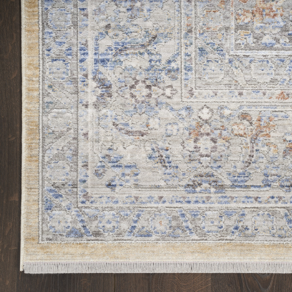 8 gray and gold Oriental Power Loom Distressed Runner Rug With Fringe