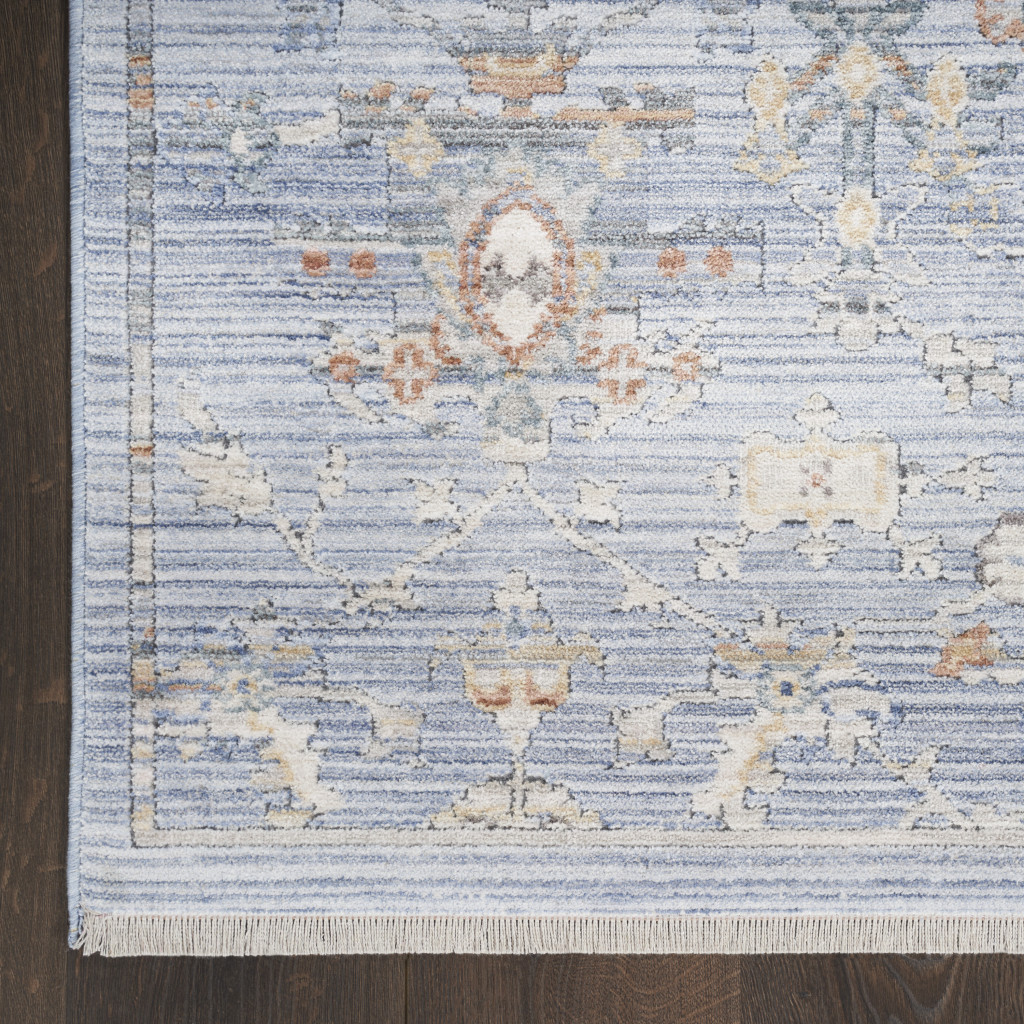 8 Blue and Ivory Oriental Power Loom Distressed Runner Rug With Fringe