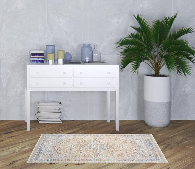 3 X 5 gray and gold Oriental Power Loom Distressed Area Rug