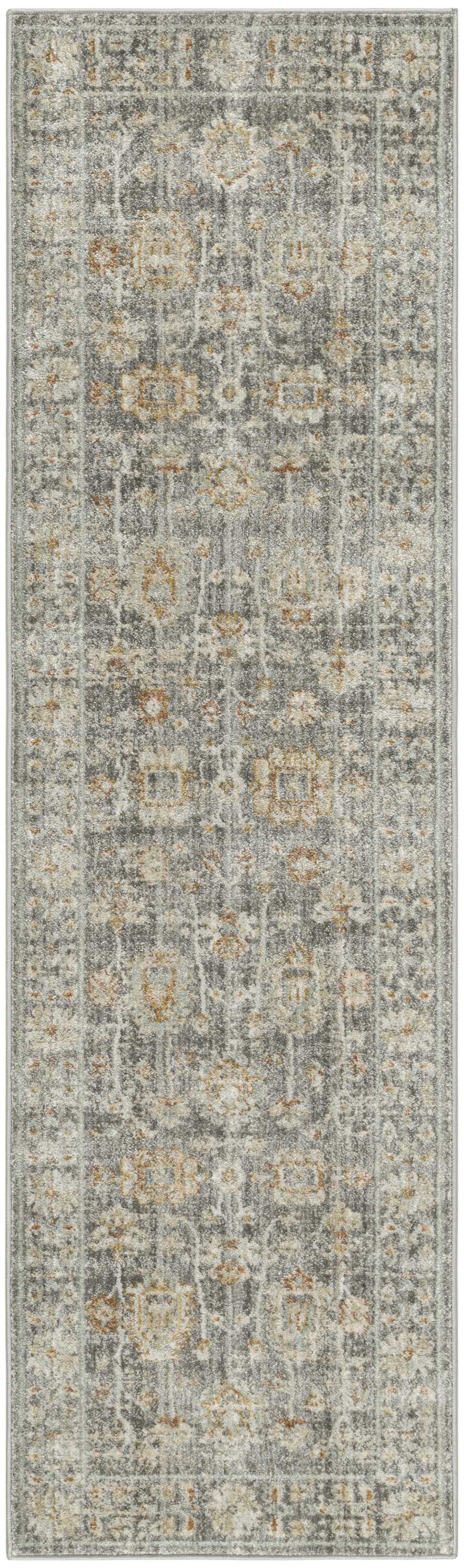 8 Beige Ivory and gray Oriental Power Loom Distressed Runner Rug With Fringe