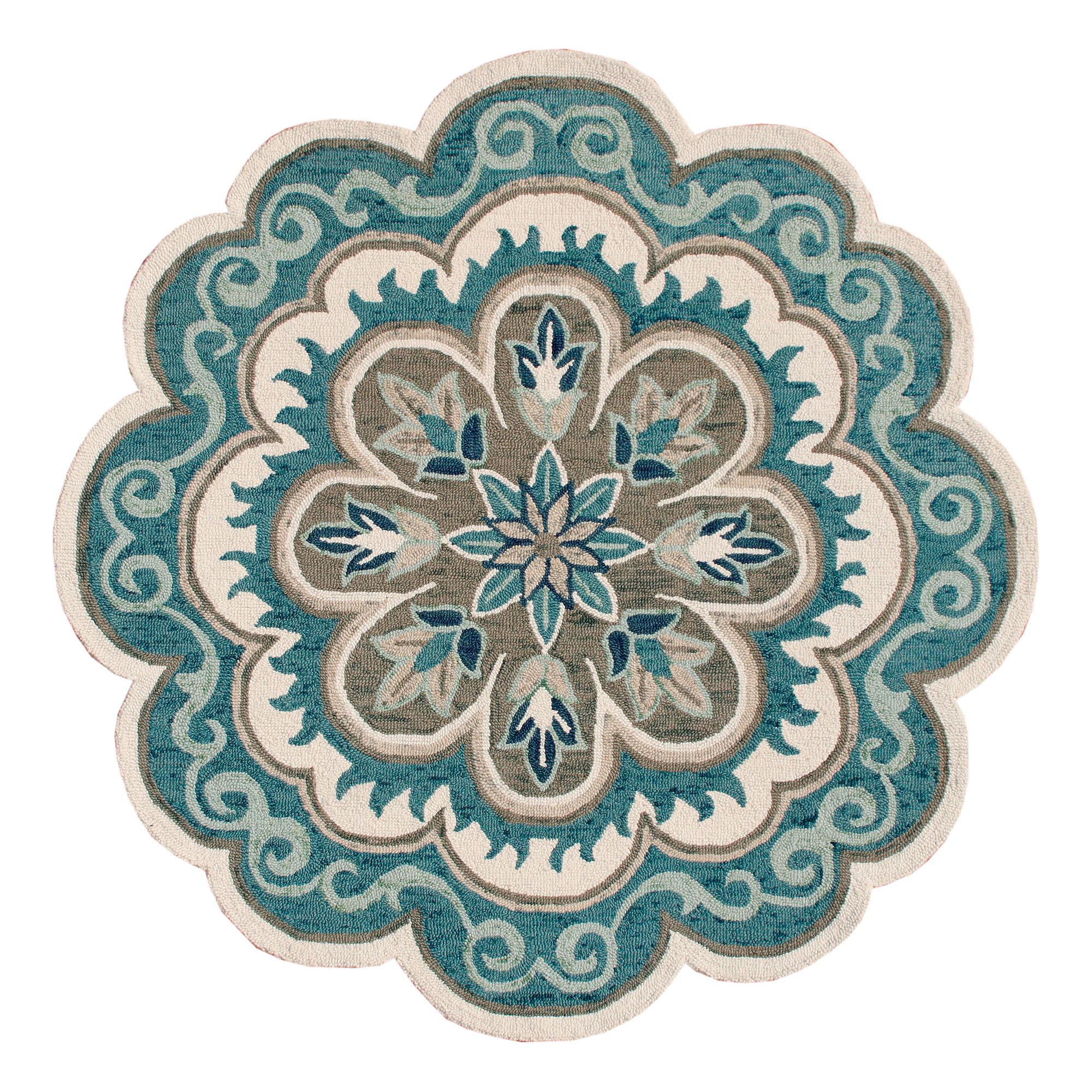 4' Blue Round Wool Floral Hand Tufted Area Rug-533601-1