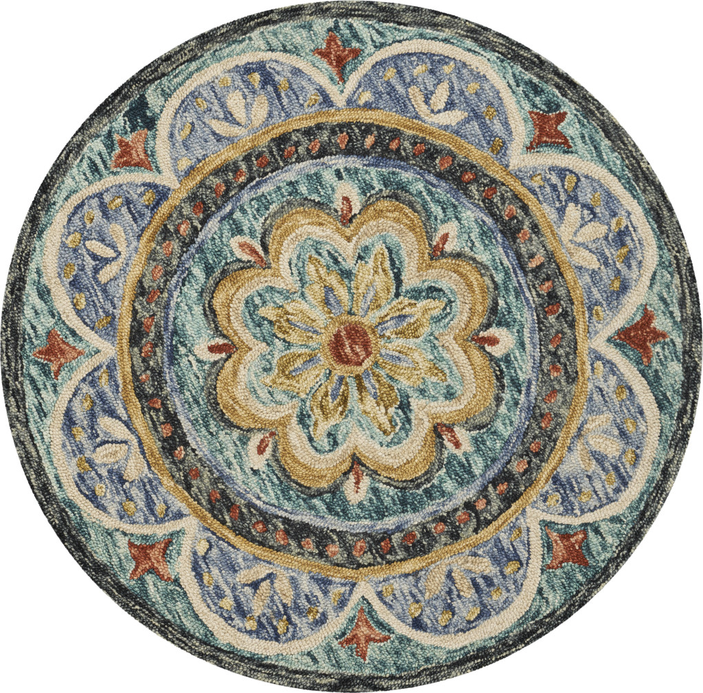 4 Blue Round Wool Floral Hand Tufted Area Rug