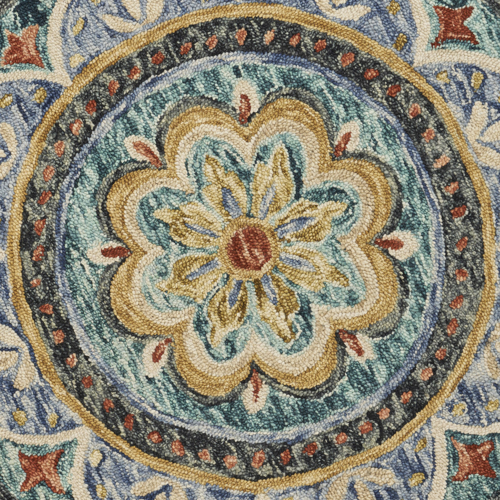 4 Blue Round Wool Floral Hand Tufted Area Rug
