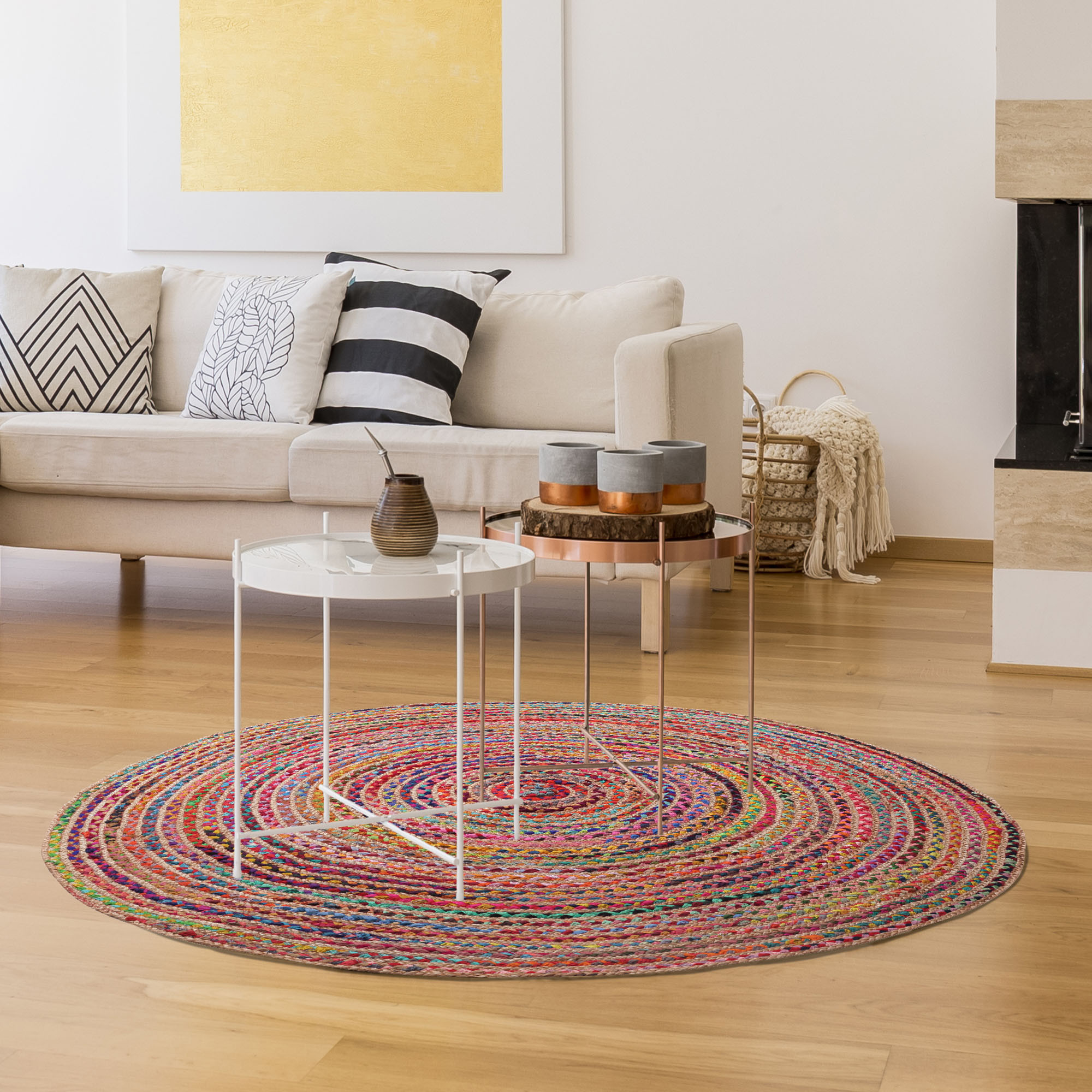 3" Round Tan Round Geometric Hand Braided Area Rug