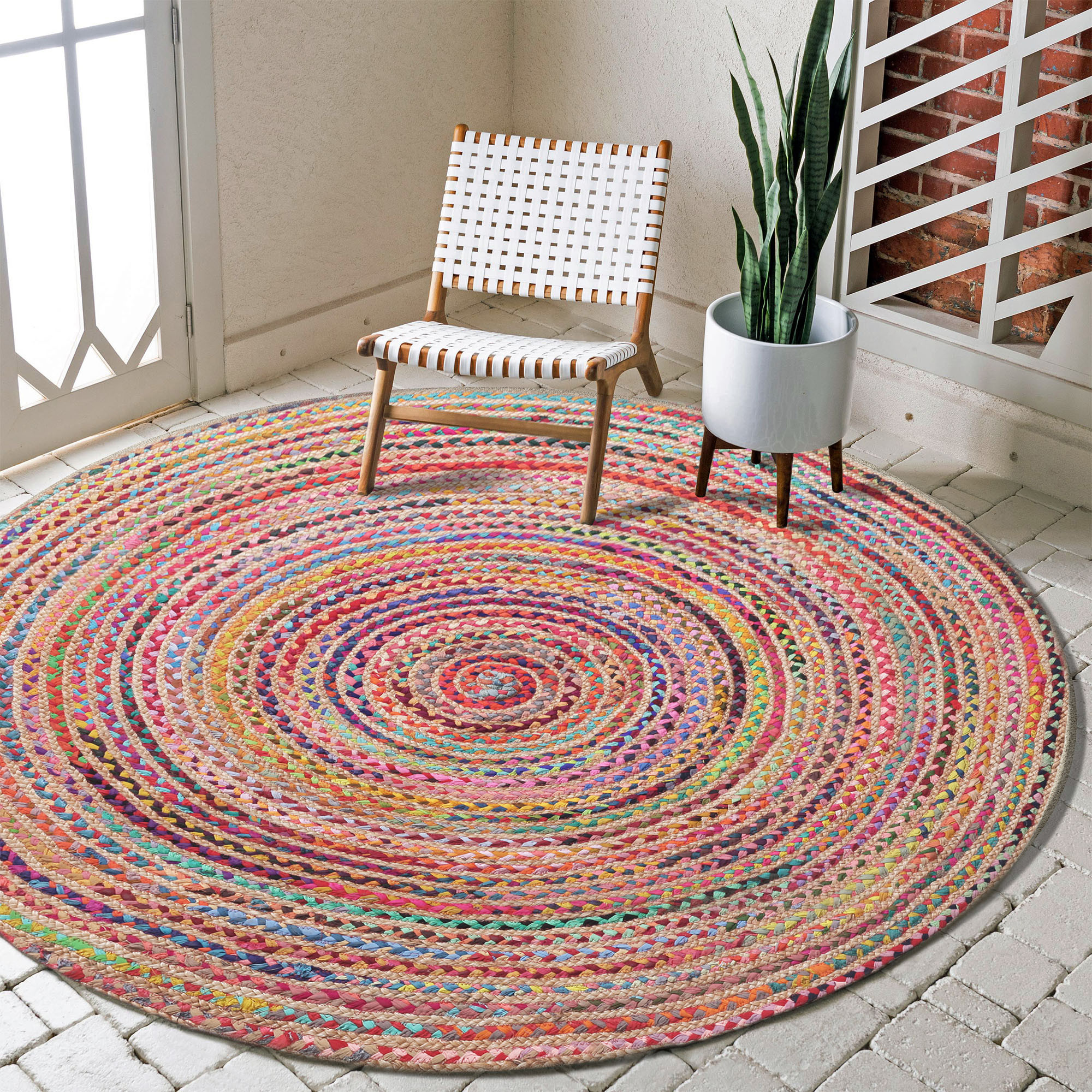 7" Tan Round Geometric Hand Braided Area Rug
