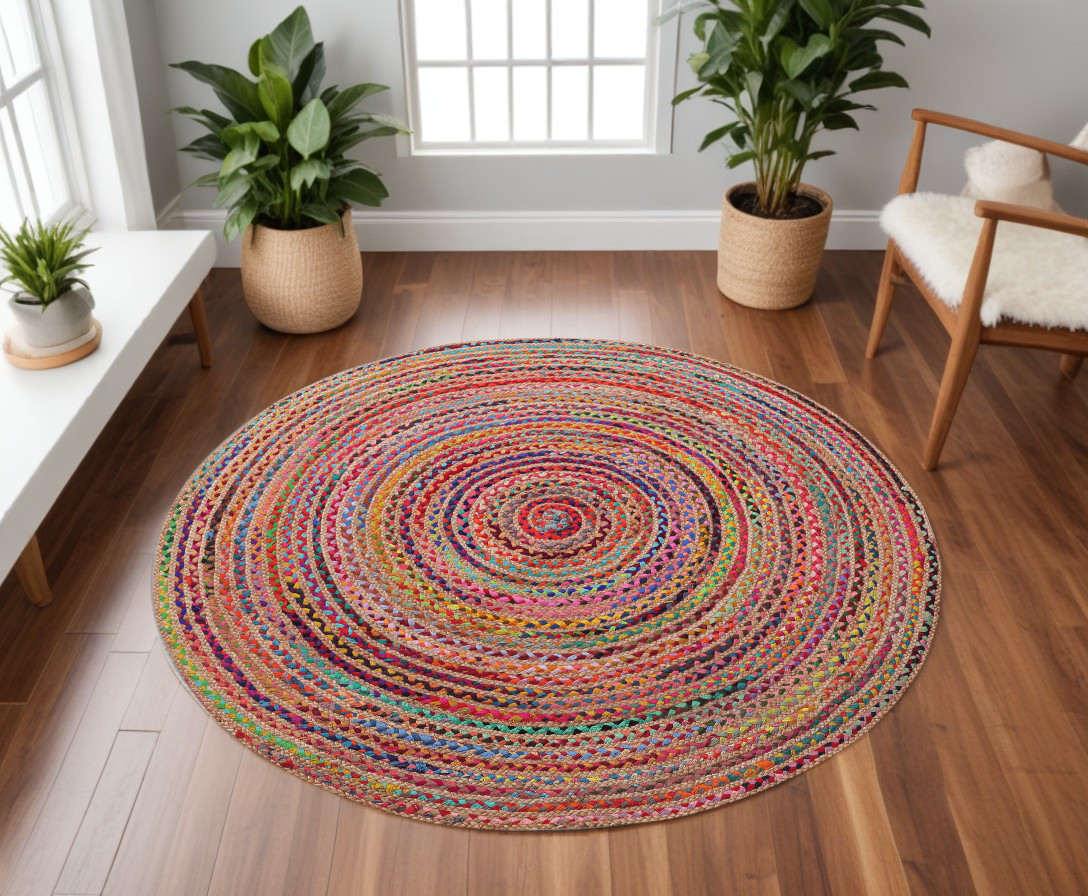 7" Tan Round Geometric Hand Braided Area Rug