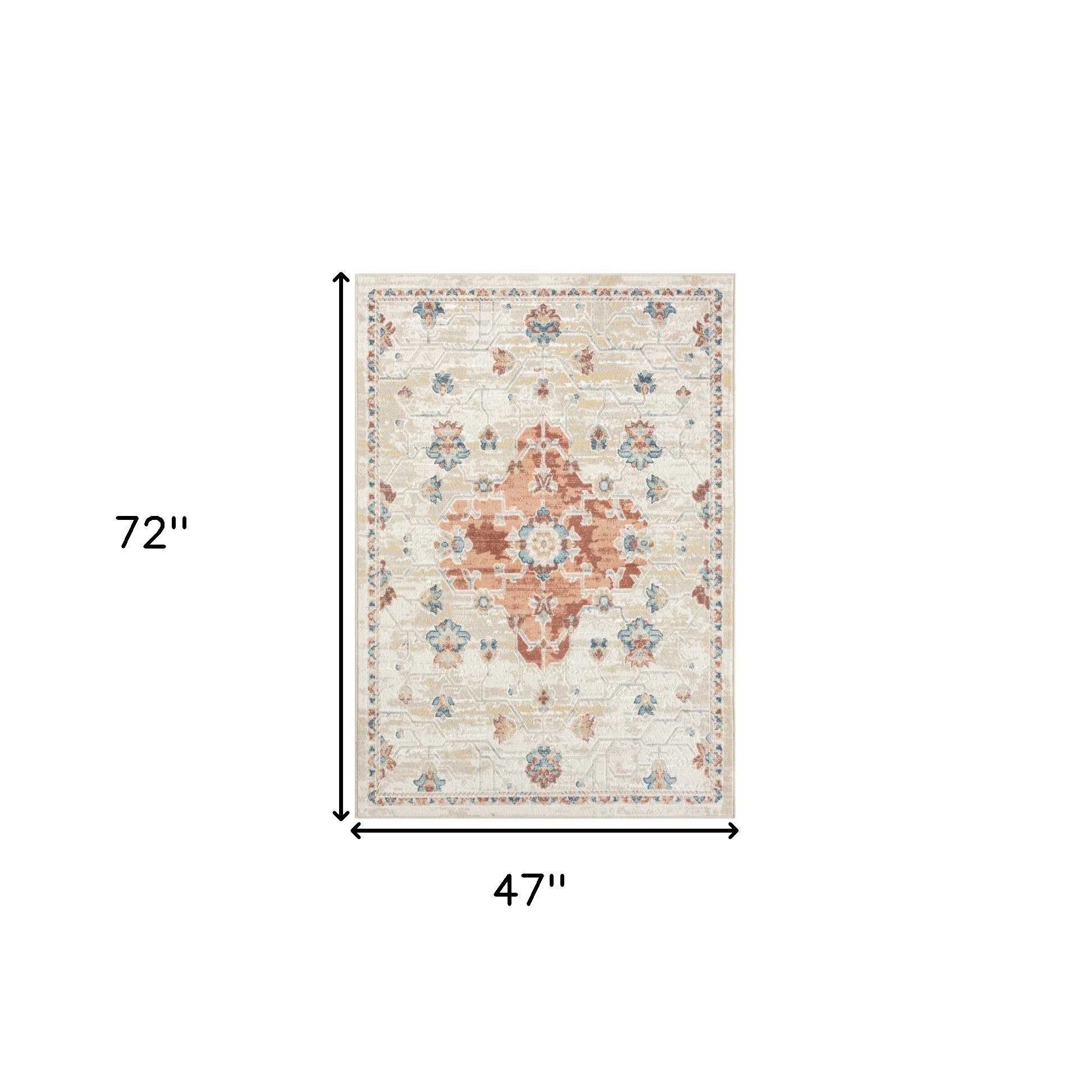 4" X 6" Ivory and Red Medallion Power Loom Area Rug