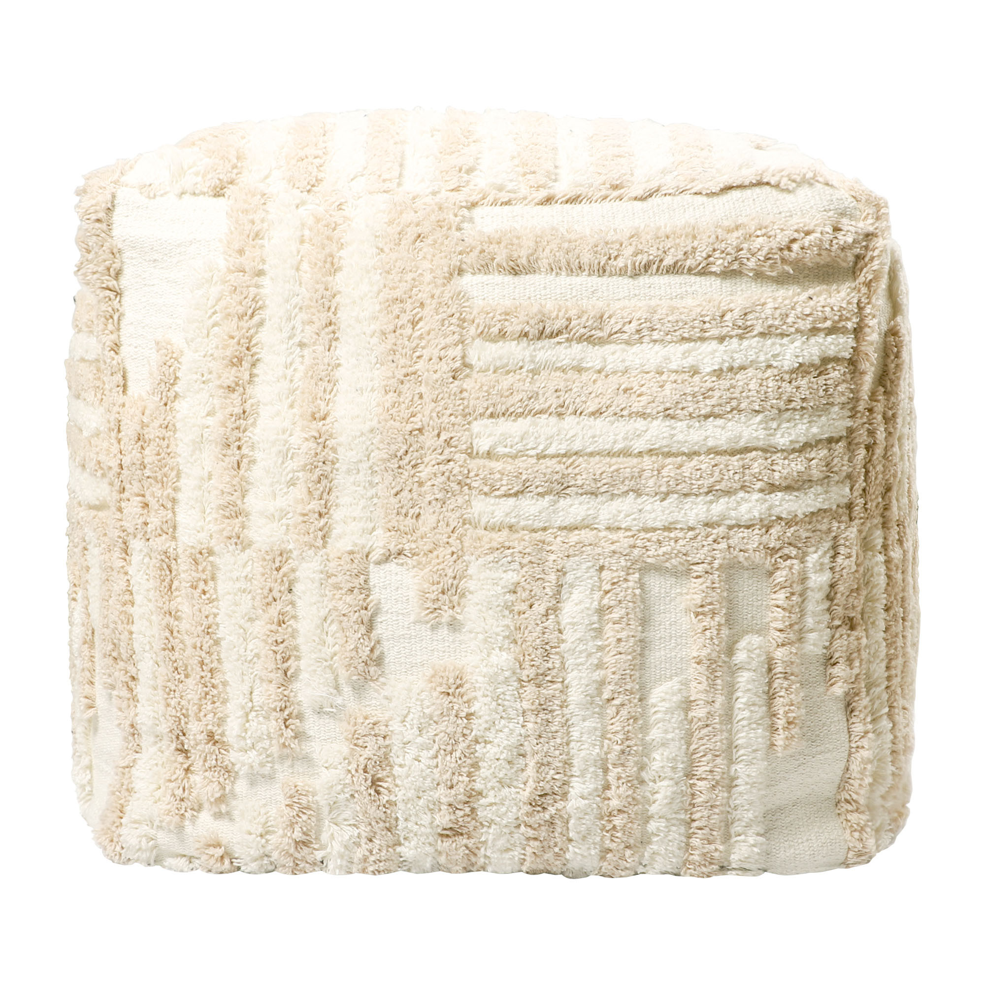 18" Beige Cotton Cube Striped Pouf Ottoman-534101-1