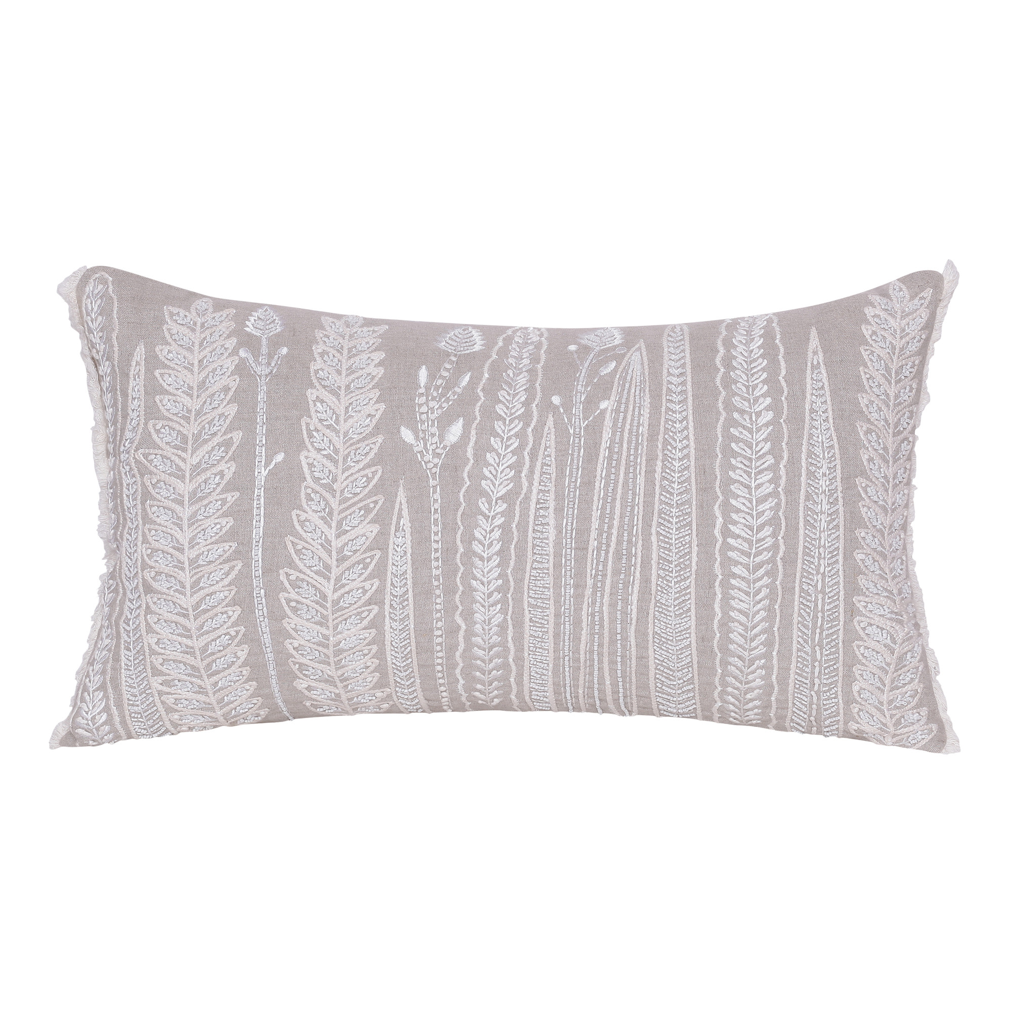 16" X 24" Natural and Ivory Floral Linen Zippered Pillow With Embroidery