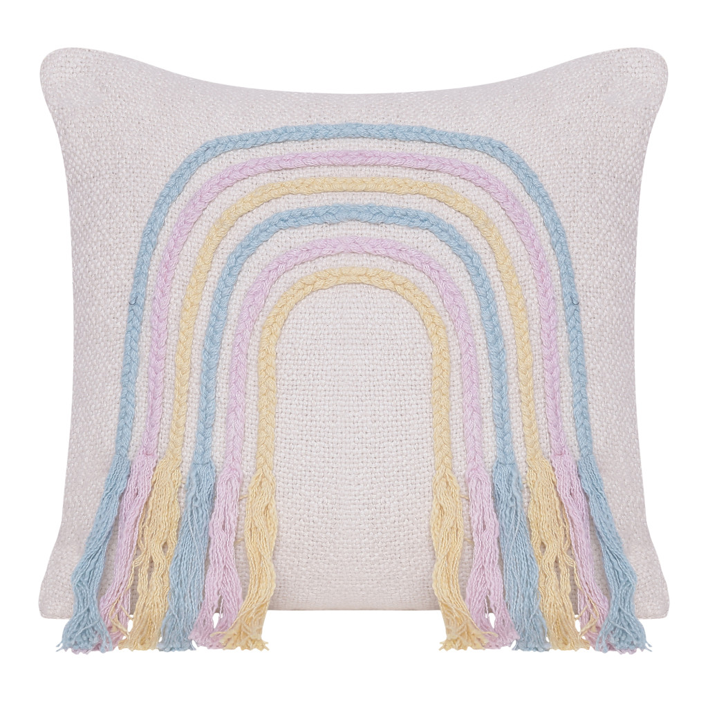 20" X 20" Blue and Off White Braided Cotton Zippered Pillow With Fringe