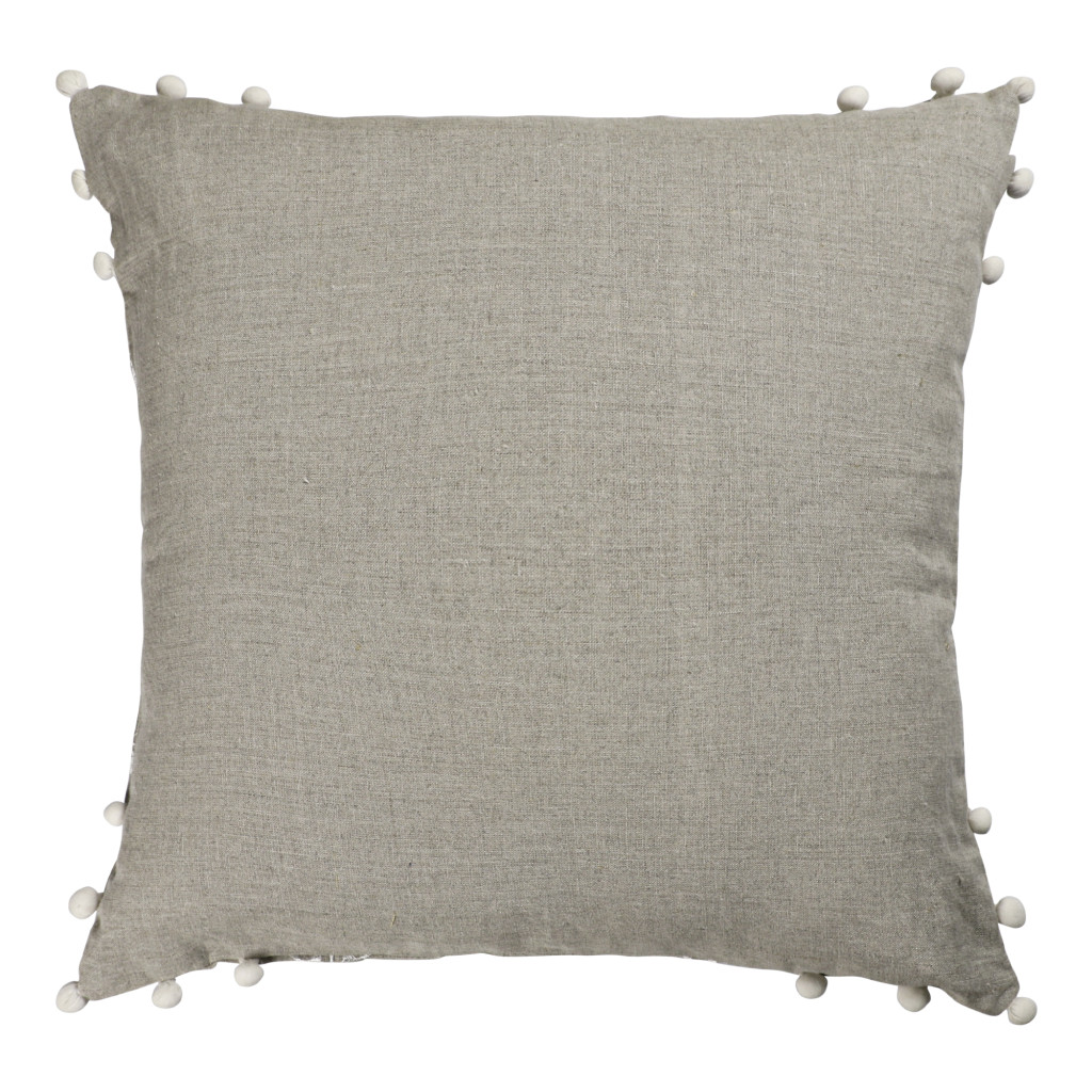 20" X 20" Beige and Ivory Floral Linen Zippered Pillow With Embroidery, Pom Poms