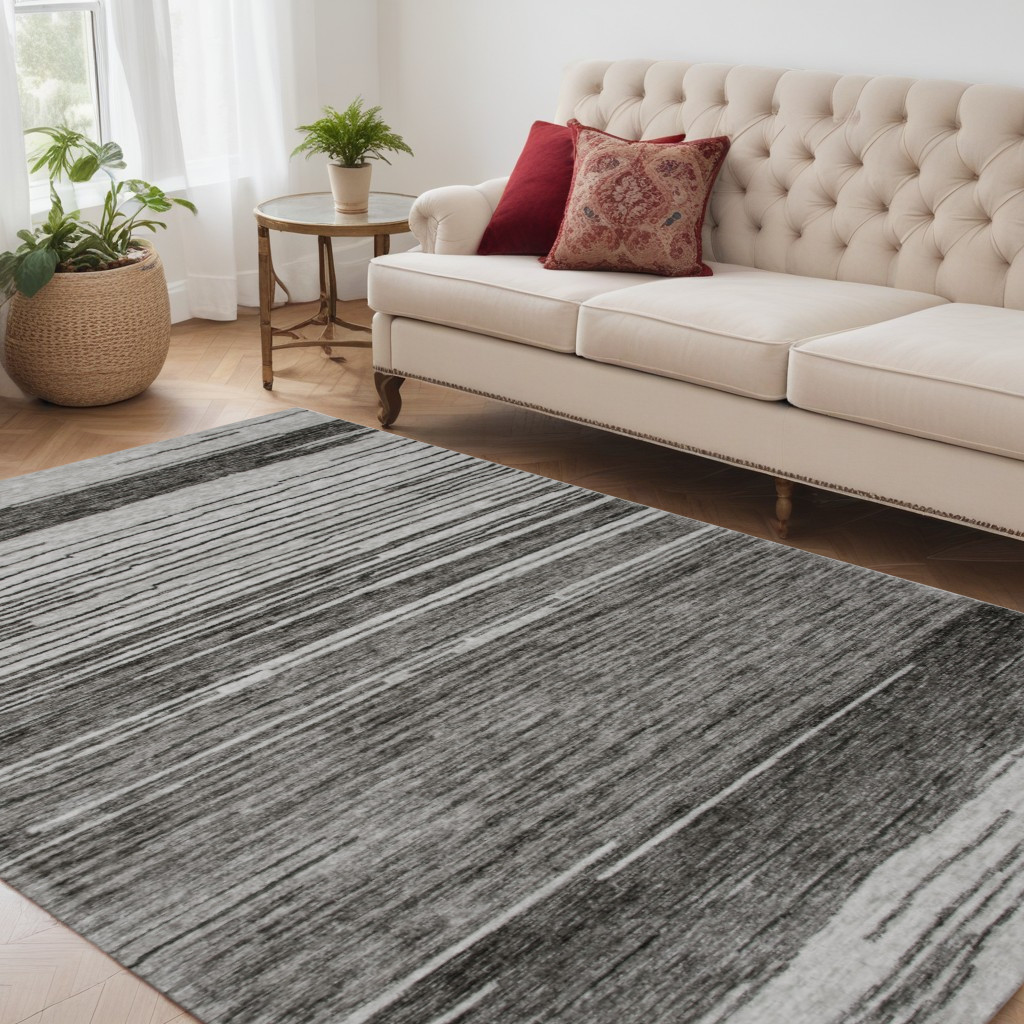 5" X 8" Gray and Black Abstract Power Loom Distressed Non Skid Area Rug