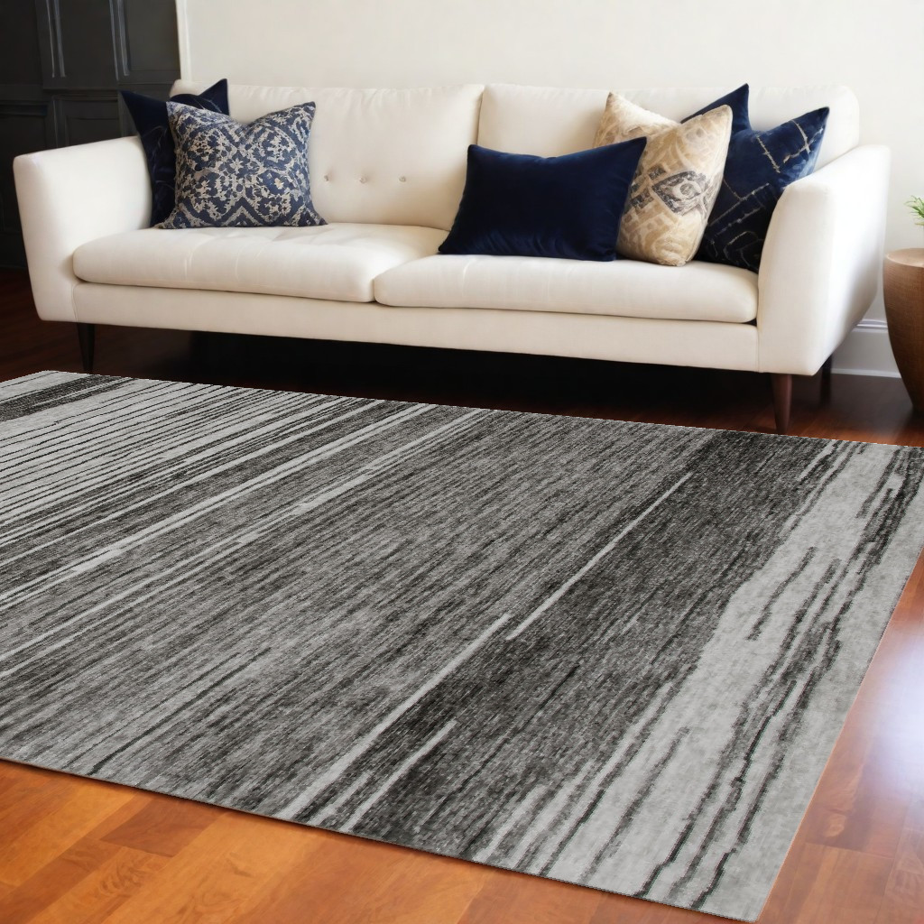 7" X 10" Gray and Black Abstract Power Loom Distressed Non Skid Area Rug