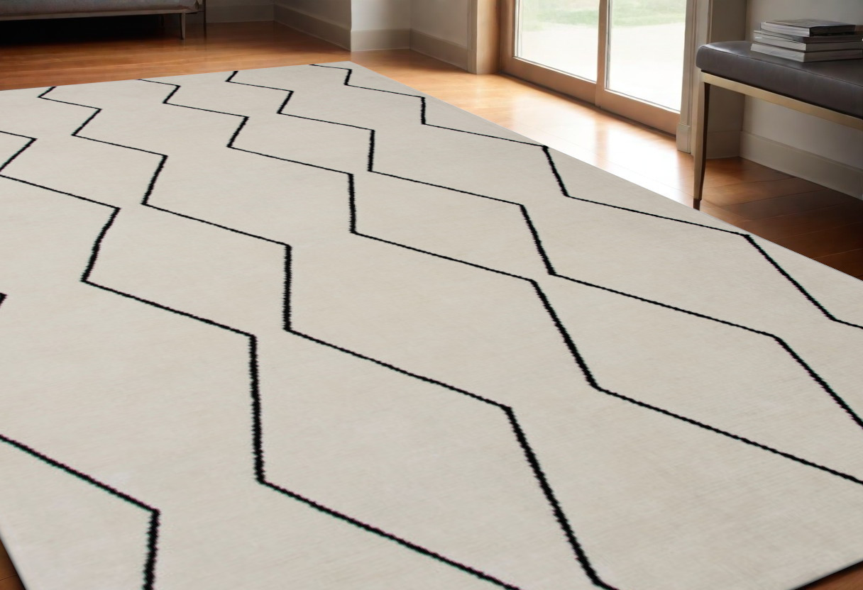 5" X 8" Beige and Black Geometric Power Loom Distressed Non Skid Area Rug