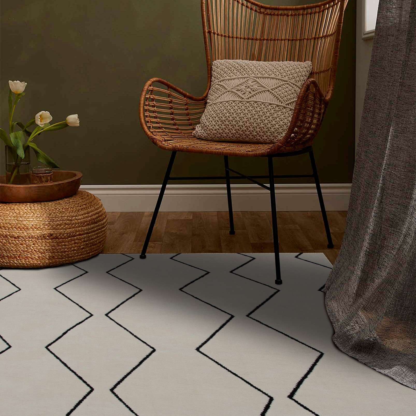 5" X 8" Beige and Black Geometric Power Loom Distressed Non Skid Area Rug