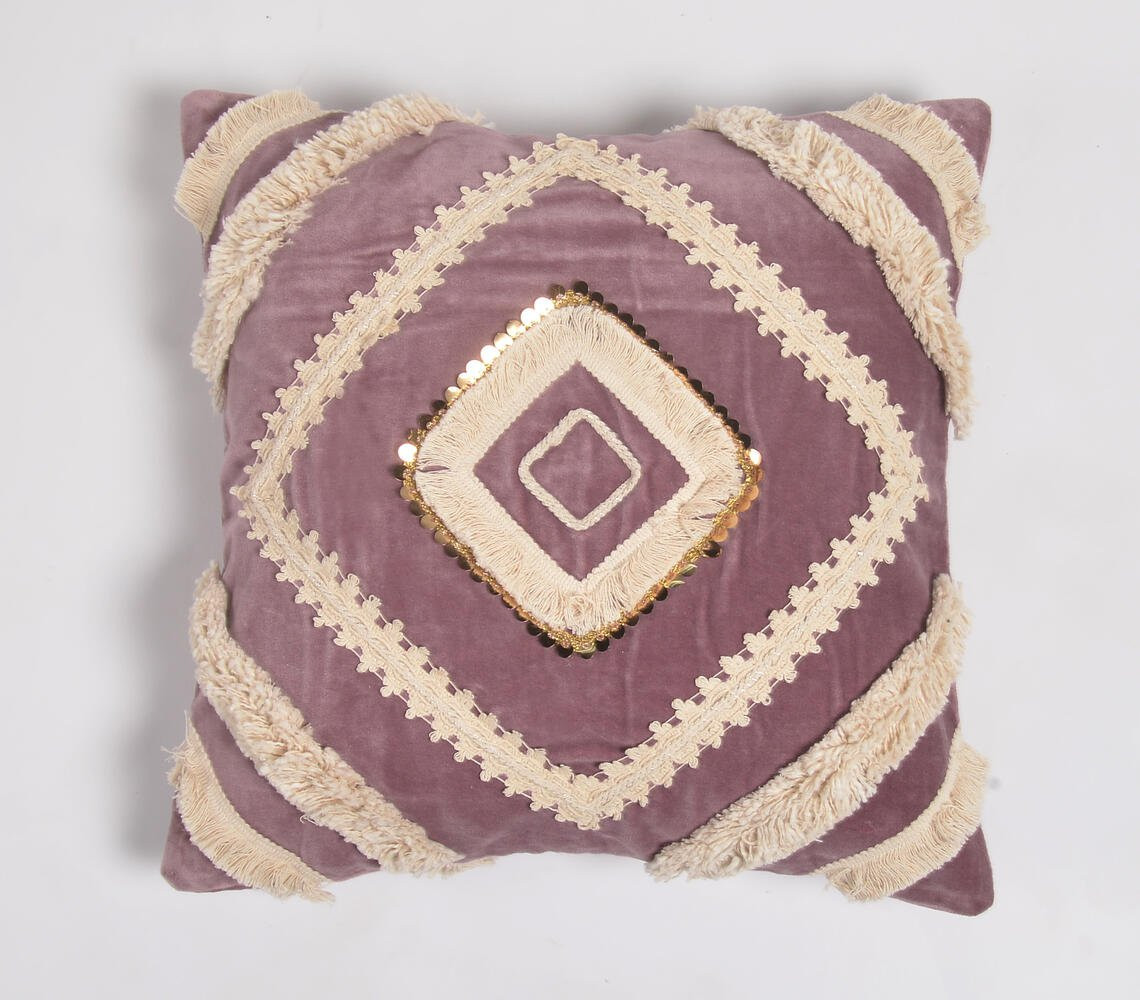 18" Purple and Ivory Geometric Cotton Throw Pillow Cover With Lace
