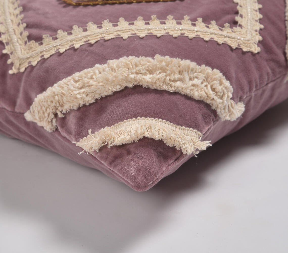 18" Purple and Ivory Geometric Cotton Throw Pillow Cover With Lace