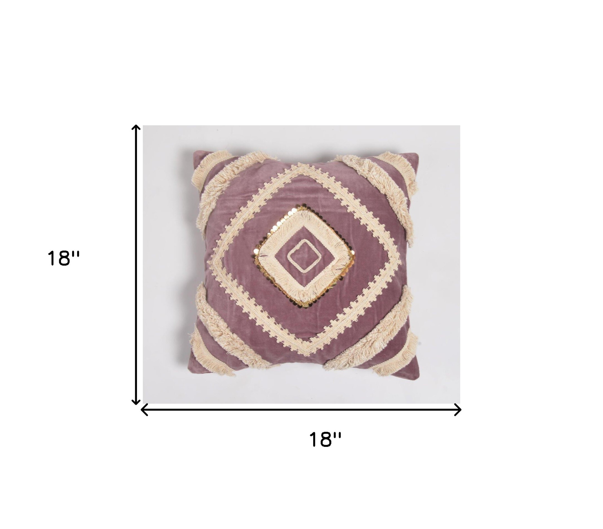 18" Purple and Ivory Geometric Cotton Throw Pillow Cover With Lace