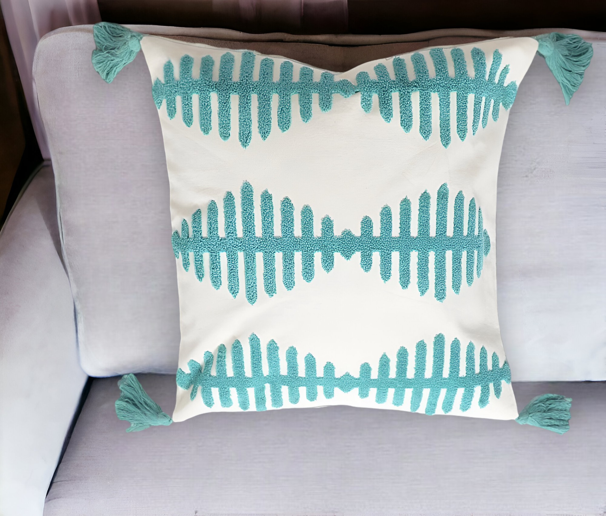18" Teal and White Geometric Cotton Throw Pillow Cover