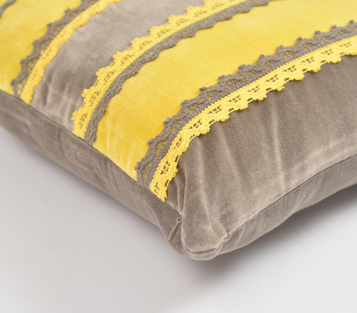 16" Yellow and Brown Striped Cotton Throw Pillow Cover With Lace