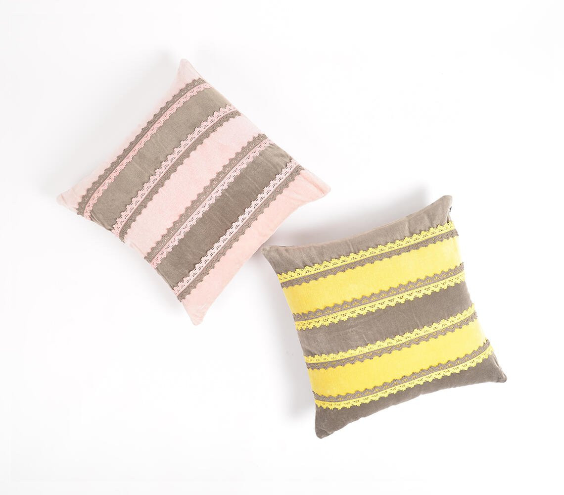 16" Yellow and Brown Striped Cotton Throw Pillow Cover With Lace