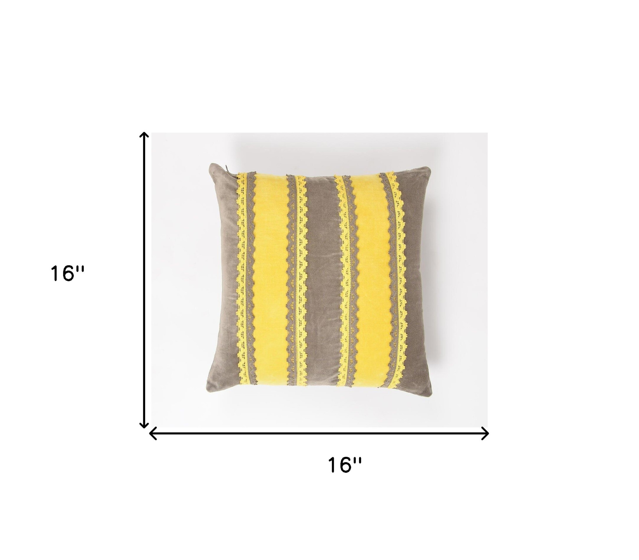 16" Yellow and Brown Striped Cotton Throw Pillow Cover With Lace