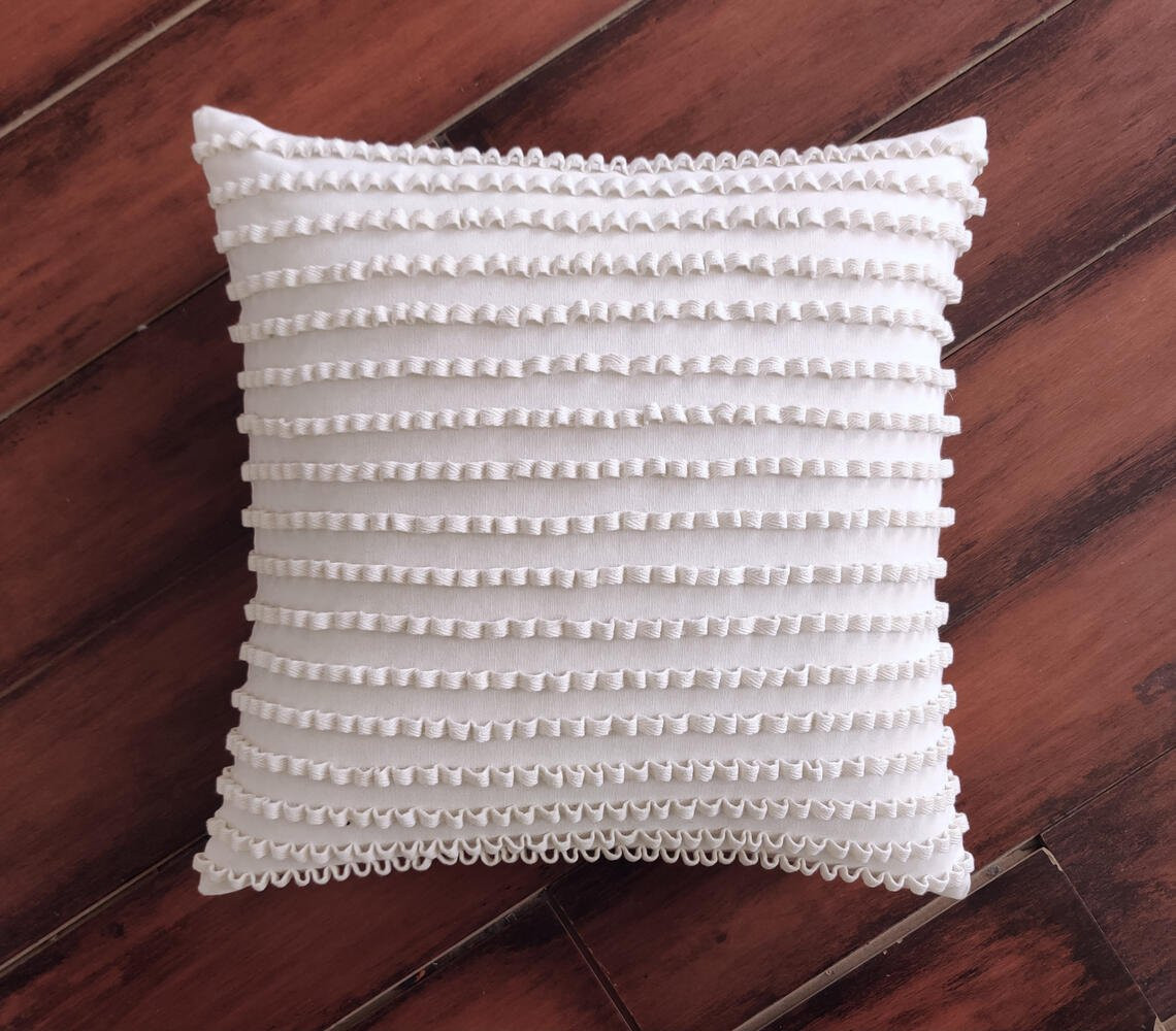 18" White Striped Cotton Throw Pillow Cover