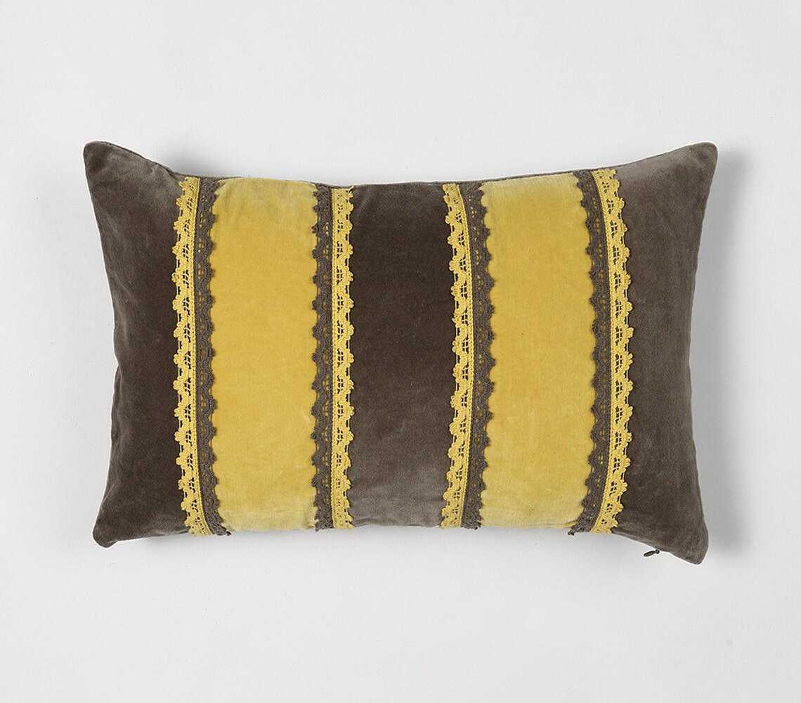 12" X 20" Yellow and Brown Striped Cotton Throw Pillow Cover With Lace