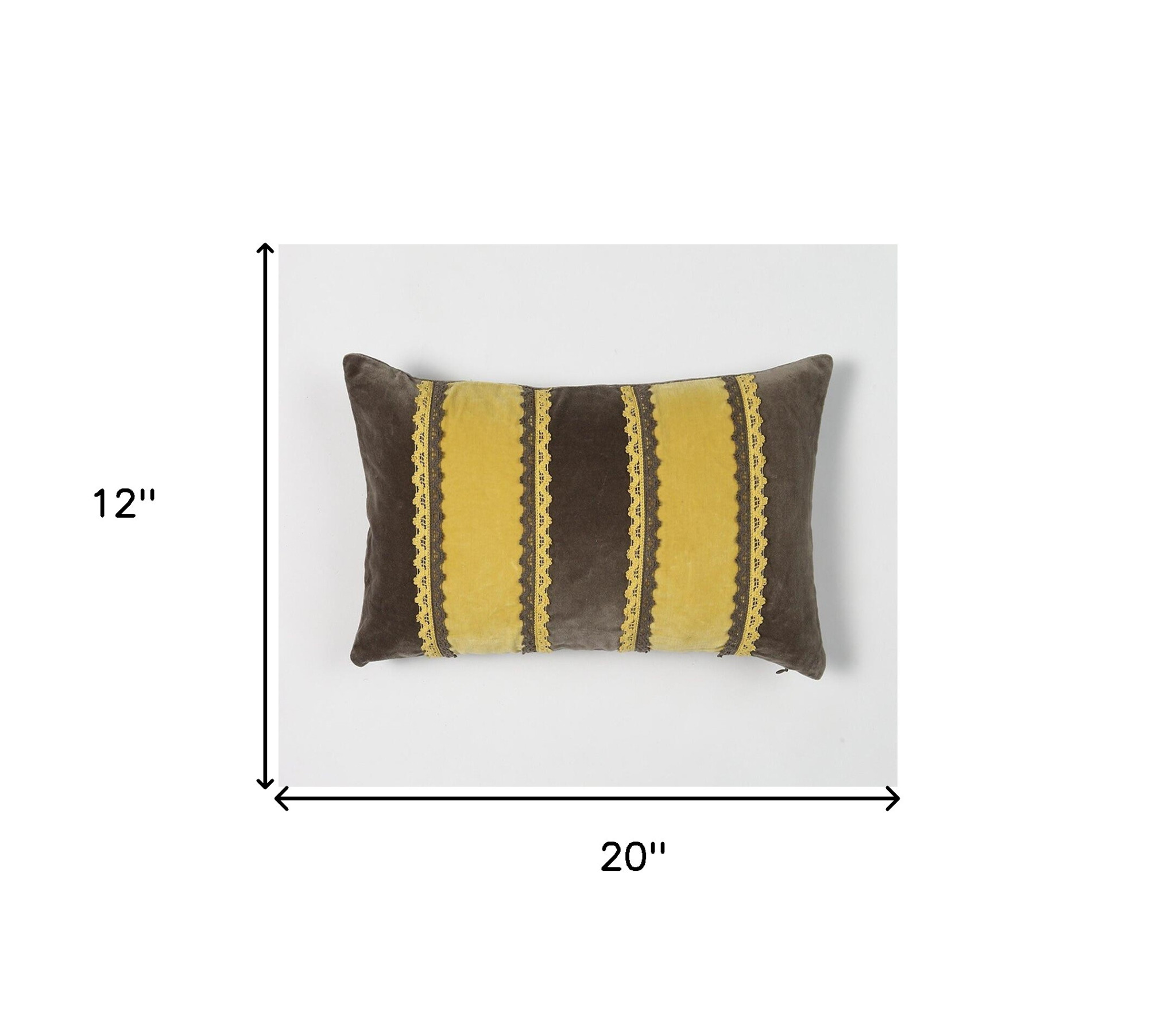 12" X 20" Yellow and Brown Striped Cotton Throw Pillow Cover With Lace