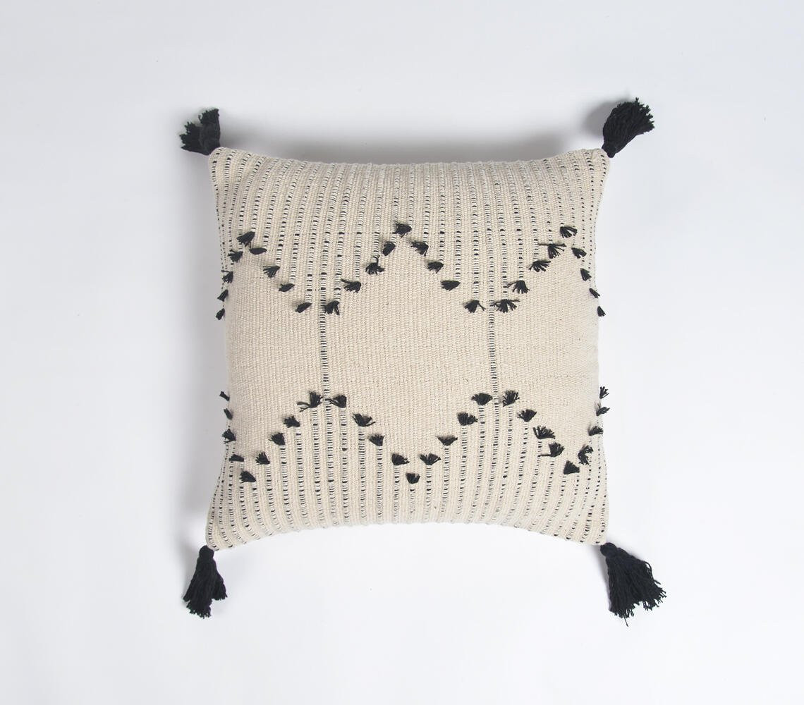 18" Black and White Diamond Cotton Throw Pillow Cover With Fringe, Tassels