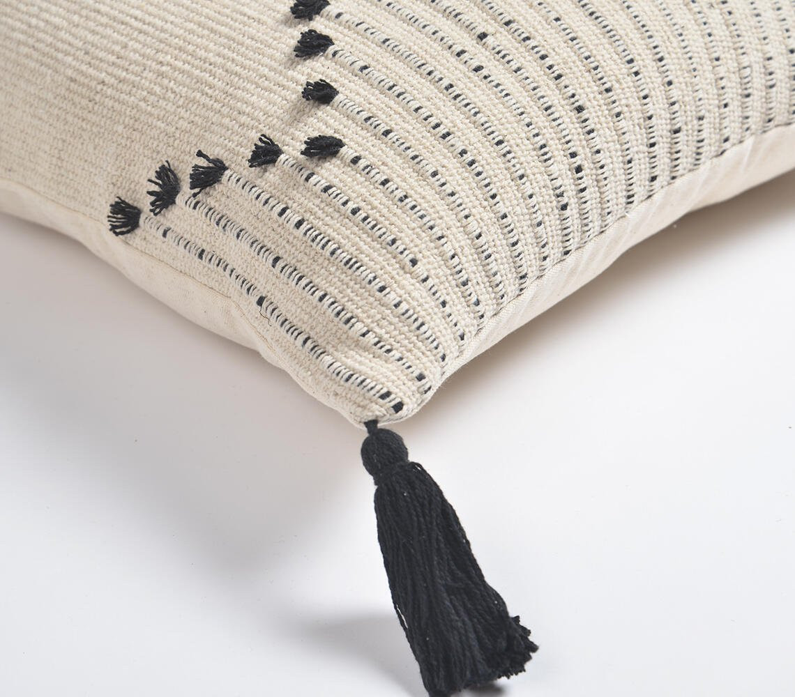18" Black and White Diamond Cotton Throw Pillow Cover With Fringe, Tassels