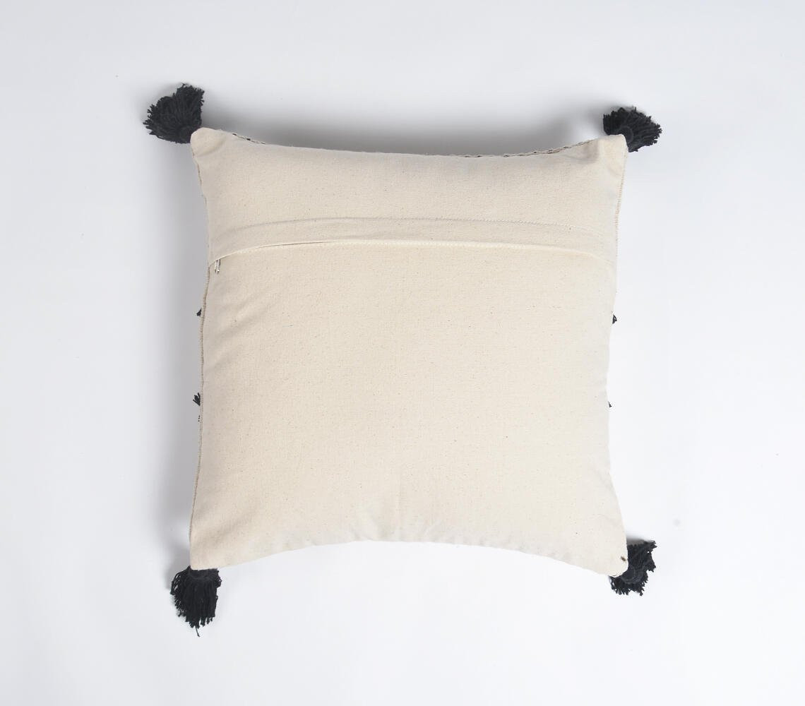 18" Black and White Diamond Cotton Throw Pillow Cover With Fringe, Tassels