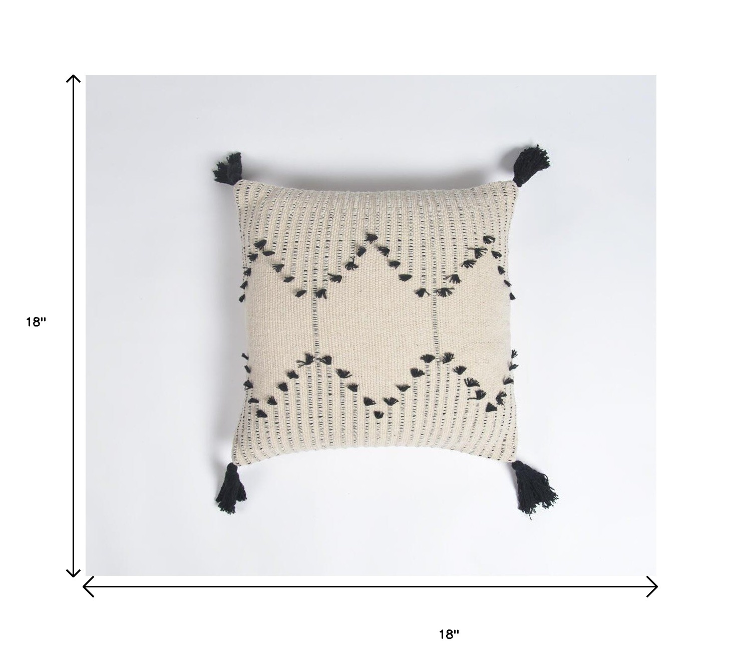 18" Black and White Diamond Cotton Throw Pillow Cover With Fringe, Tassels
