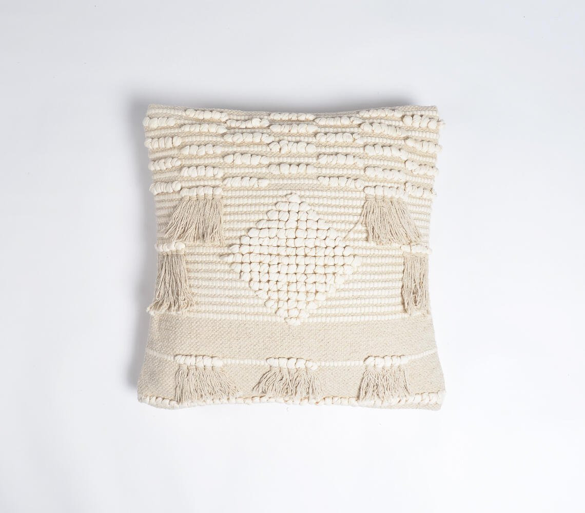 18" Ivory and White Striped Cotton Throw Pillow Cover With Fringe, Tufts