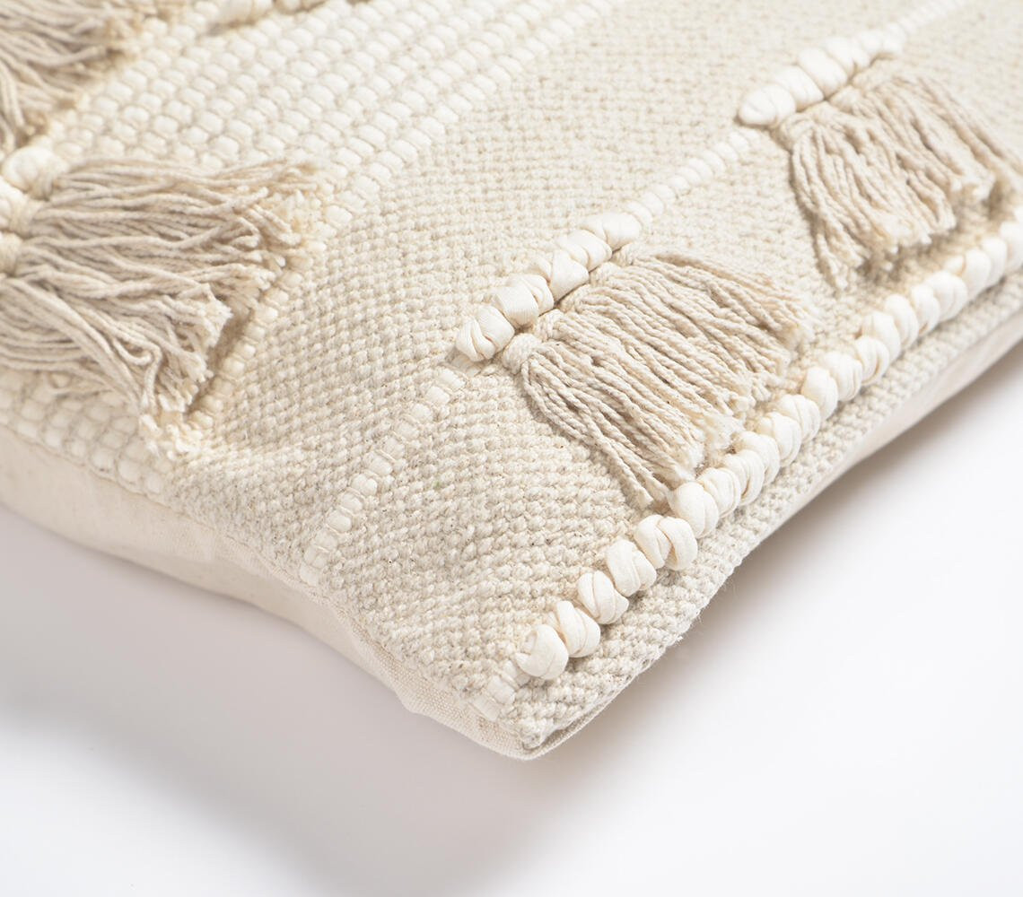 18" Ivory and White Striped Cotton Throw Pillow Cover With Fringe, Tufts