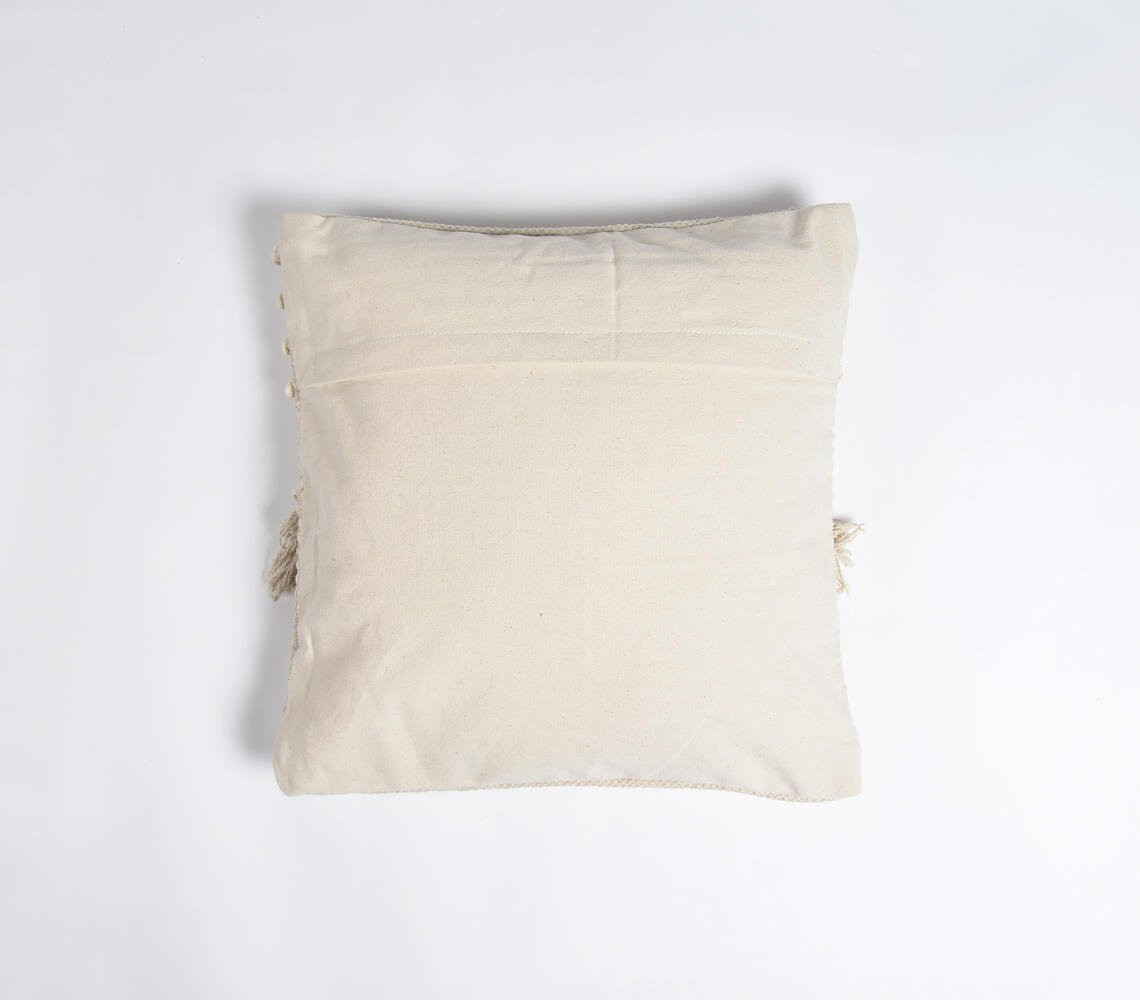 18" Ivory and White Striped Cotton Throw Pillow Cover With Fringe, Tufts
