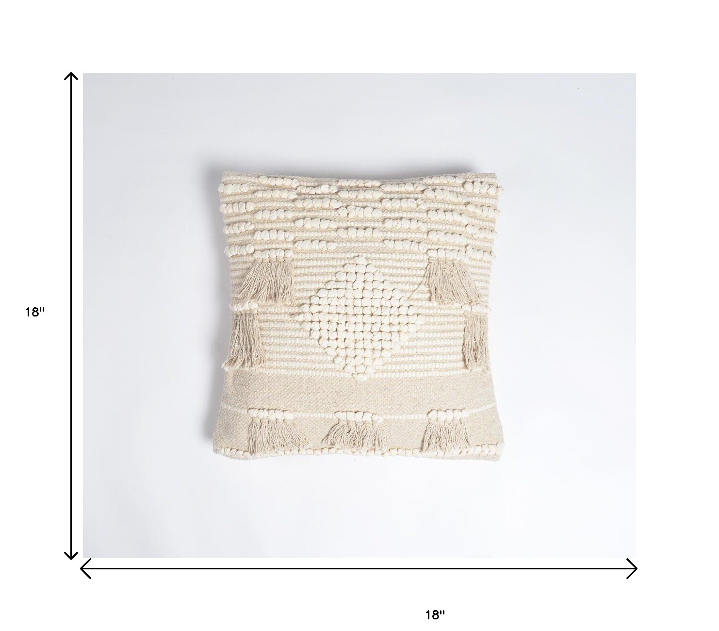 18" Ivory and White Striped Cotton Throw Pillow Cover With Fringe, Tufts