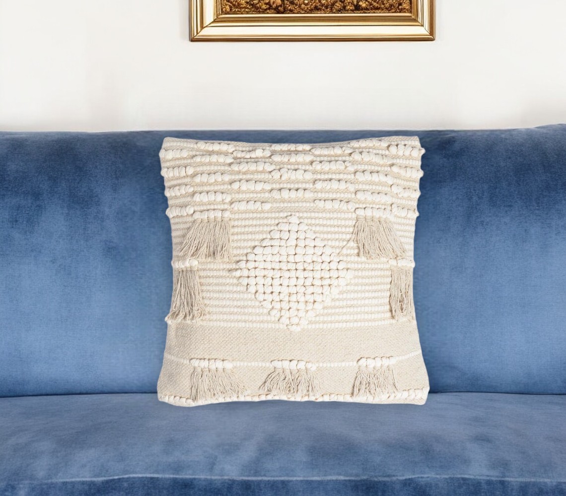 18" Ivory and White Striped Cotton Throw Pillow Cover With Fringe, Tufts