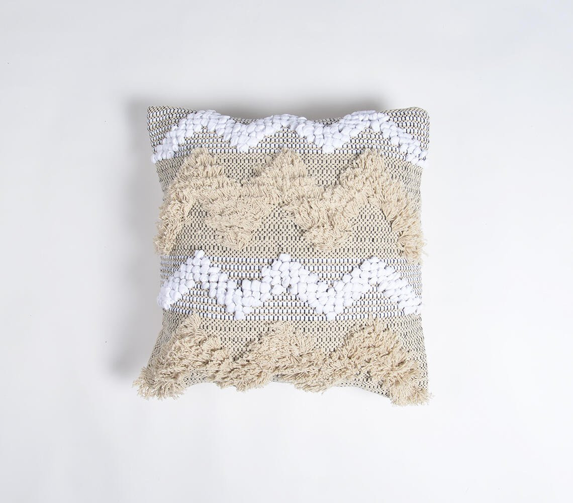 18" Beige and White Chevron Cotton Throw Pillow Cover With Fringe, Tufts