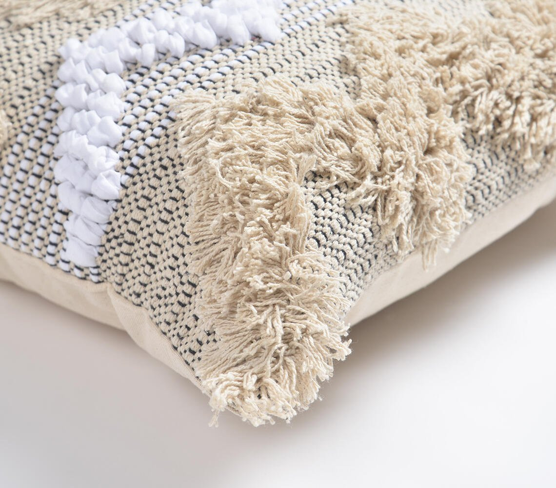 18" Beige and White Chevron Cotton Throw Pillow Cover With Fringe, Tufts