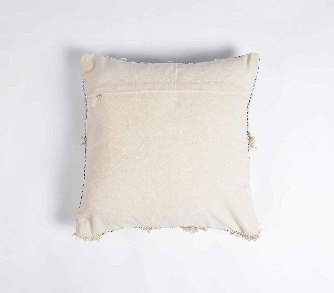 18" Beige and White Chevron Cotton Throw Pillow Cover With Fringe, Tufts