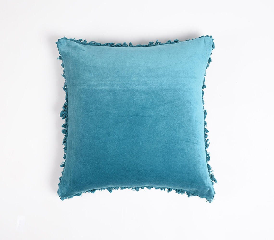 18" Blue Cotton Blend Throw Pillow Cover With Fringe