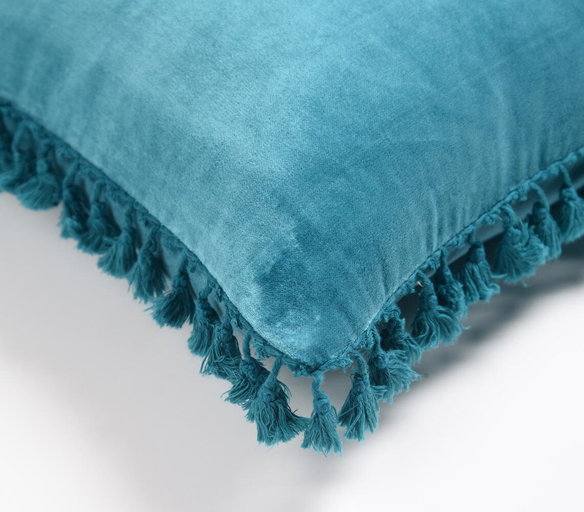 18" Blue Cotton Blend Throw Pillow Cover With Fringe