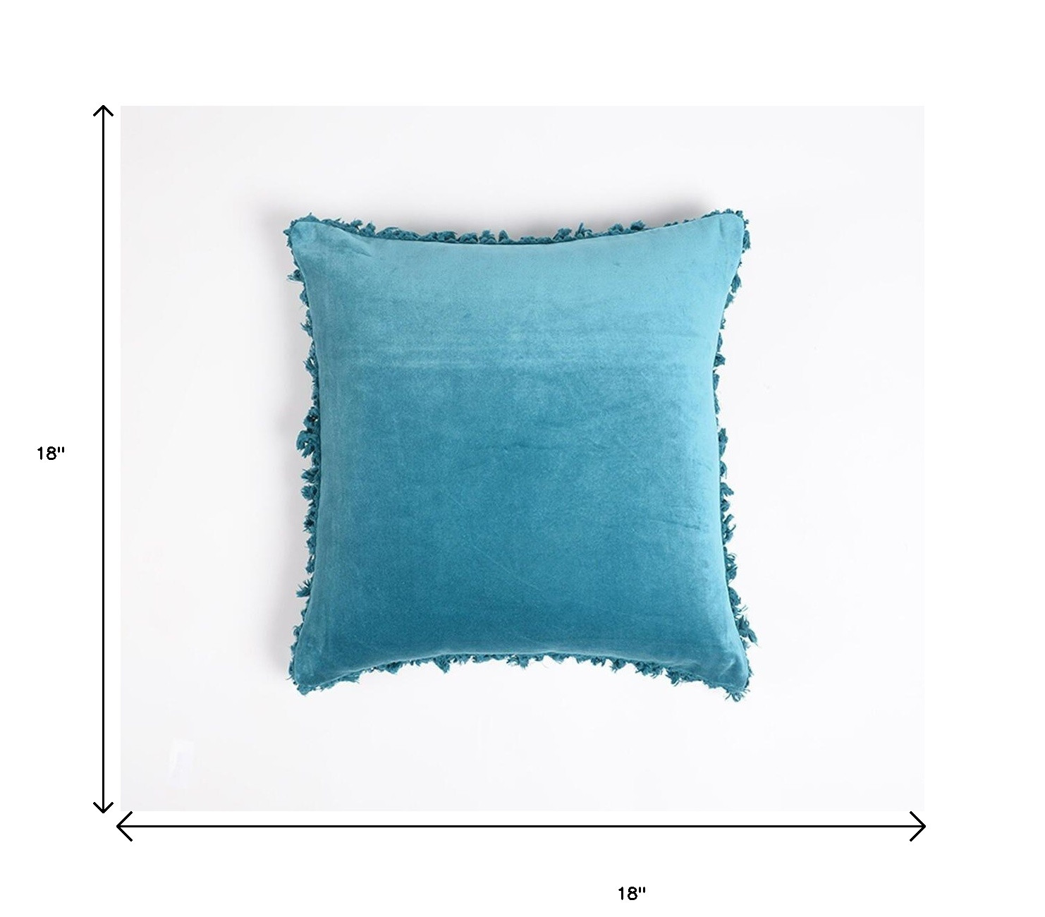 18" Blue Cotton Blend Throw Pillow Cover With Fringe